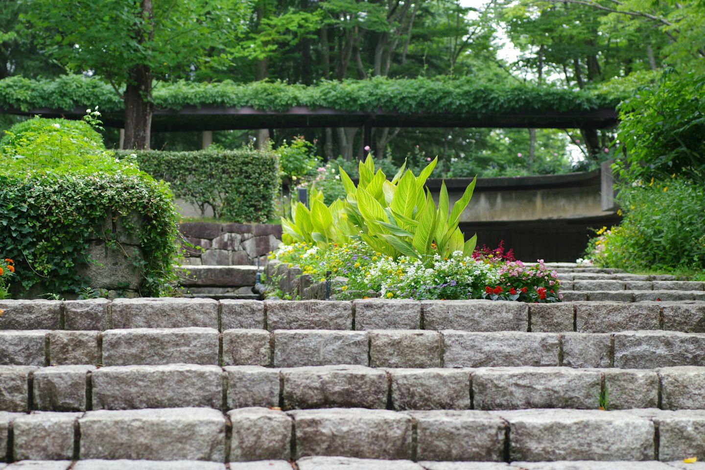 Steintreppe, die durch einen blumenreichen Garten führt.
